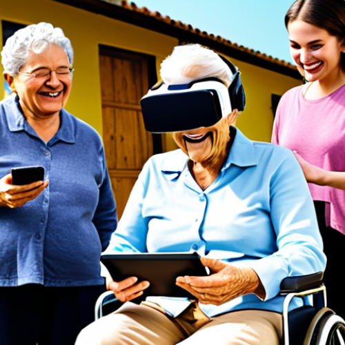 Home 11 **Prompt:** A diverse group of people (elderly woman, young professional, person in a wheelchair) happily using various devices (smartphone, tablet, VR headset) with speech bubbles showing positive emotions; background suggests a blend of rural and urban settings; bright, optimistic color palette. *This image represents accessibility and the bridging of the digital divide through telehealth and technology.*