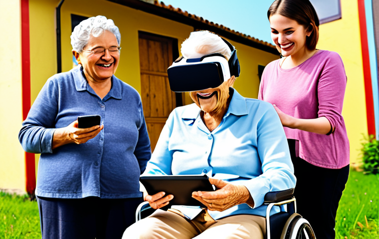 **Prompt:** A diverse group of people (elderly woman, young professional, person in a wheelchair) happily using various devices (smartphone, tablet, VR headset) with speech bubbles showing positive emotions; background suggests a blend of rural and urban settings; bright, optimistic color palette. *This image represents accessibility and the bridging of the digital divide through telehealth and technology.*