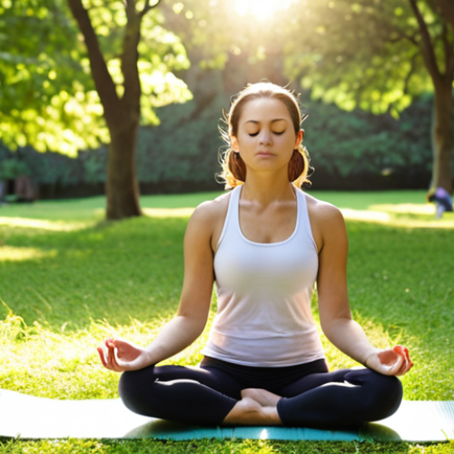 Home 6 **Prompt:** A person meditating outdoors using the Headspace app on their phone. They are sitting on a yoga mat in a park with lush greenery in the background, sunlight streaming through the trees. Focus on creating a sense of calm and serenity, reflecting the benefits of mindfulness and meditation. Include the Headspace app logo subtly on the phone screen.