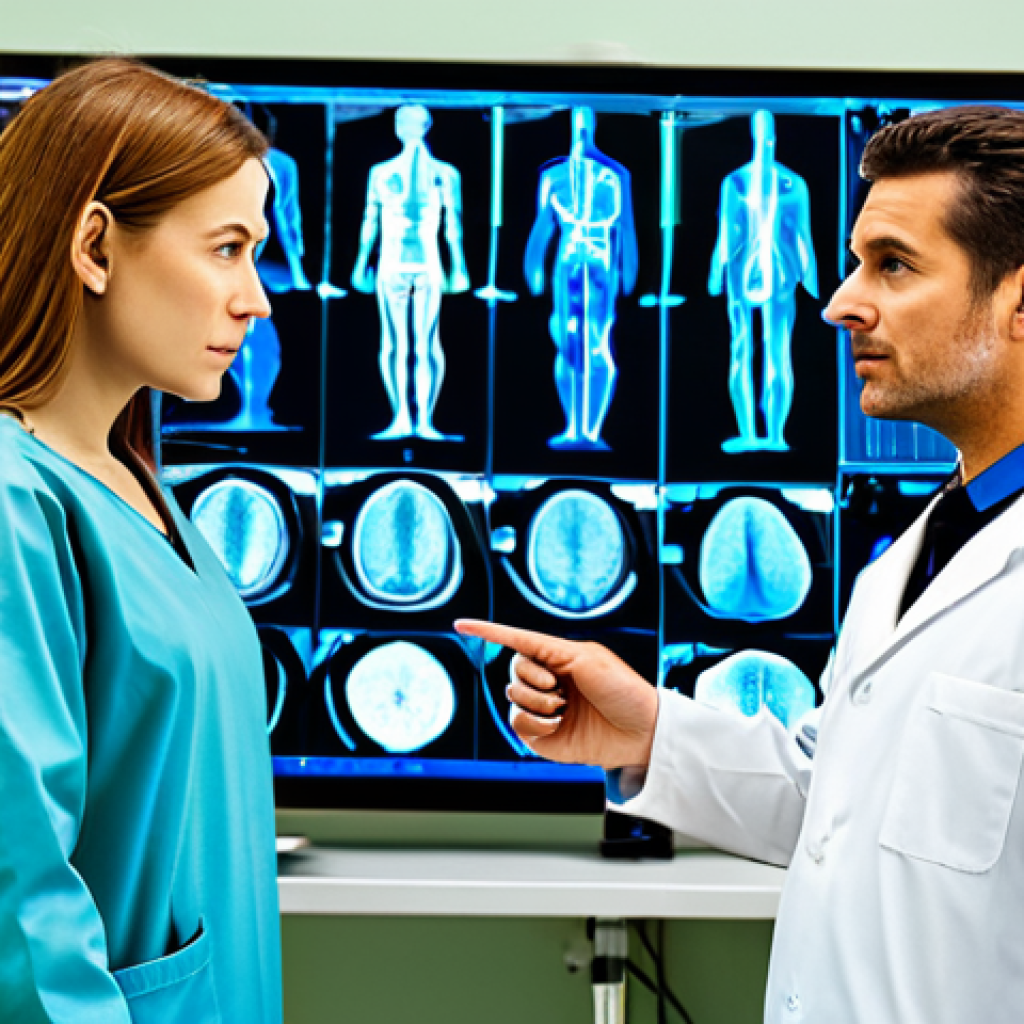 A professional female doctor and a male medical technician in modest, professional scrubs and lab coats, standing side-by-side in a brightly lit, modern hospital diagnostic room. They are attentively looking at a large, transparent display showcasing complex medical scan data with AI-highlighted anomalies. The technician is pointing to a specific area on the screen, while the doctor is observing thoughtfully. The scene emphasizes collaboration and advanced technology. fully clothed, appropriate attire, professional dress, safe for work, appropriate content, perfect anatomy, correct proportions, natural pose, well-formed hands, proper finger count, natural body proportions, professional photography, high resolution.