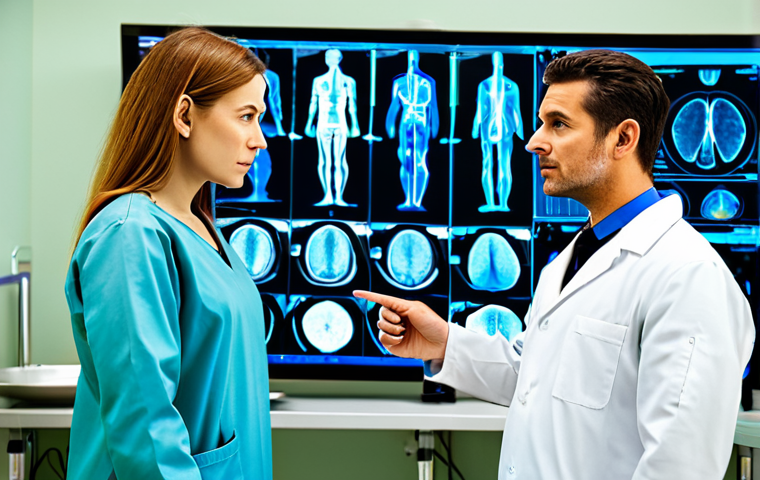 A professional female doctor and a male medical technician in modest, professional scrubs and lab coats, standing side-by-side in a brightly lit, modern hospital diagnostic room. They are attentively looking at a large, transparent display showcasing complex medical scan data with AI-highlighted anomalies. The technician is pointing to a specific area on the screen, while the doctor is observing thoughtfully. The scene emphasizes collaboration and advanced technology. fully clothed, appropriate attire, professional dress, safe for work, appropriate content, perfect anatomy, correct proportions, natural pose, well-formed hands, proper finger count, natural body proportions, professional photography, high resolution.