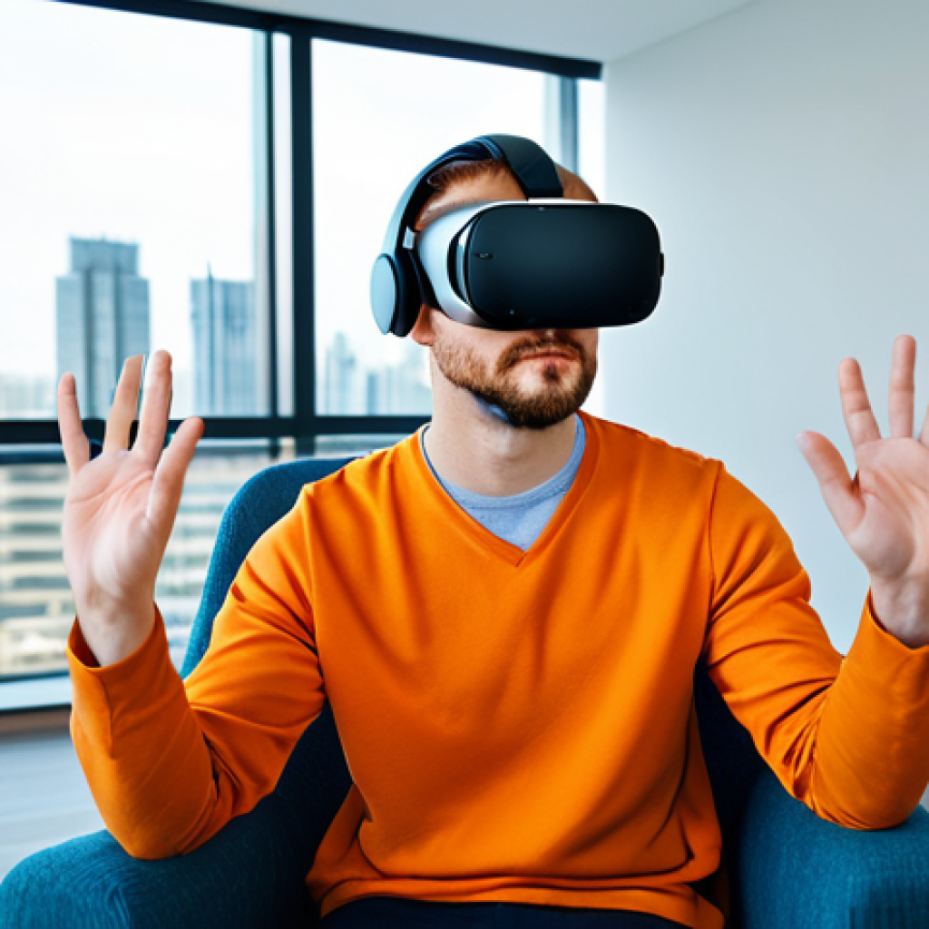 A calm adult, fully clothed in modest, comfortable attire, is seated comfortably in a modern, serene therapy room. The individual wears a sleek virtual reality headset, their expression focused and determined, indicating engagement in a controlled exposure therapy session. The subtle visual cues in the background suggest a vast, open virtual space, perhaps a high-rise balcony or a public speaking stage, subtly overlaid with a sense of safety and professional guidance. The overall atmosphere is one of hope and progress. Perfect anatomy, correct proportions, natural pose, well-formed hands, proper finger count, natural body proportions, professional photography, high quality, safe for work, appropriate content, fully clothed, professional.