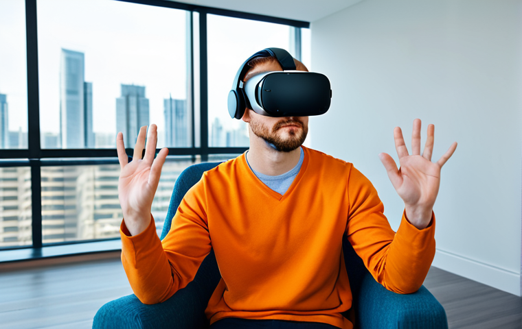 A calm adult, fully clothed in modest, comfortable attire, is seated comfortably in a modern, serene therapy room. The individual wears a sleek virtual reality headset, their expression focused and determined, indicating engagement in a controlled exposure therapy session. The subtle visual cues in the background suggest a vast, open virtual space, perhaps a high-rise balcony or a public speaking stage, subtly overlaid with a sense of safety and professional guidance. The overall atmosphere is one of hope and progress. Perfect anatomy, correct proportions, natural pose, well-formed hands, proper finger count, natural body proportions, professional photography, high quality, safe for work, appropriate content, fully clothed, professional.