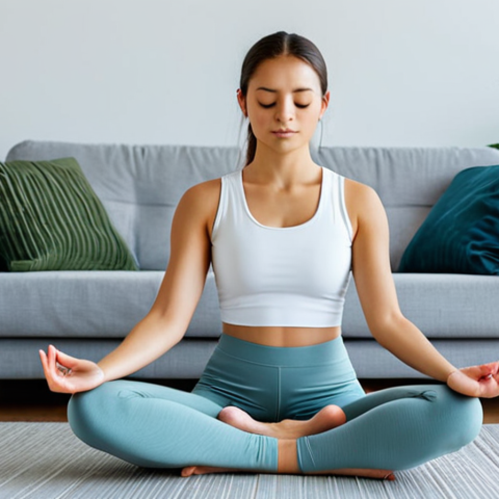AI-Enhanced Meditation at Home**
A young woman in comfortable yoga attire, fully clothed, sitting in a serene living room with soft lighting, meditating with an AI-powered app on her tablet, the app displaying biofeedback visualizations. Peaceful atmosphere, plants in the background, modern decor, appropriate content, safe for work, professional, perfect anatomy, correct proportions, natural pose, well-formed hands, proper finger count, natural body proportions.
**