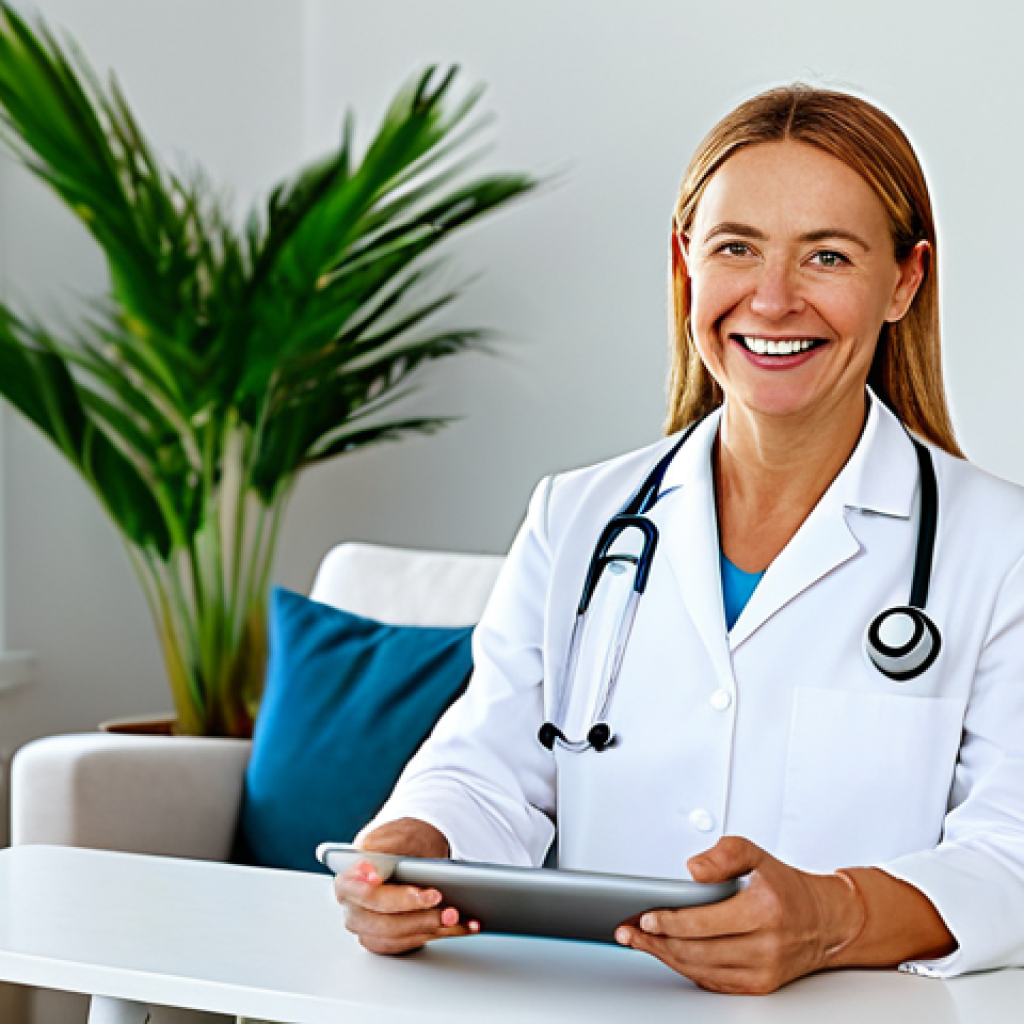 모바일 헬스케어의 사용자 경험 연구 - Telehealth Consultation**
"A friendly female doctor in her 30s, wearing a lab coat and stethoscope,...