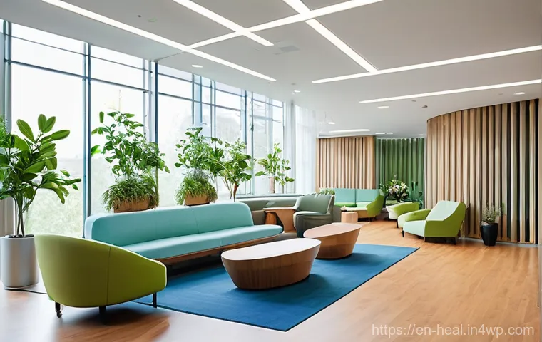 미래 의료 서비스의 디자인 혁신 - **Prompt 1: Serene Biophilic Hospital Waiting Area**
"A wide-angle shot of a modern, inviting ho...