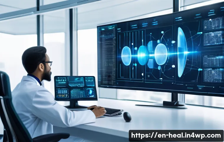 미래 의료 시스템의 법적 쟁점 - A modern healthcare setting showing a diverse team of professionals—doctors, AI engineers, and legal...