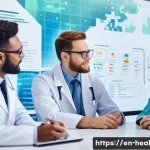 Home 19 환자 맞춤형 의료의 미래 비전 - A futuristic medical clinic scene showing a diverse group of doctors and genetic counselors collabor...