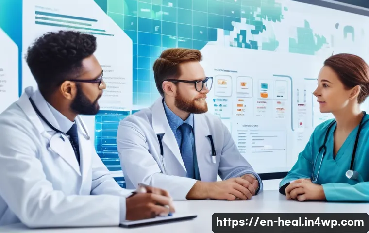 환자 맞춤형 의료의 미래 비전 - A futuristic medical clinic scene showing a diverse group of doctors and genetic counselors collabor...