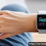 Home 18 모바일 헬스의 데이터 기반 분석 - A modern, sleek wearable health device on a young adult’s wrist, displaying vibrant digital screens ...