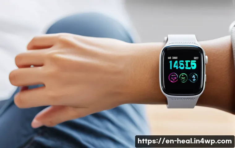 모바일 헬스의 데이터 기반 분석 - A modern, sleek wearable health device on a young adult’s wrist, displaying vibrant digital screens ...