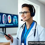 Home 17 전세계 디지털 헬스케어 정책 비교 - A modern telemedicine consultation scene showing a diverse healthcare provider in professional attir...