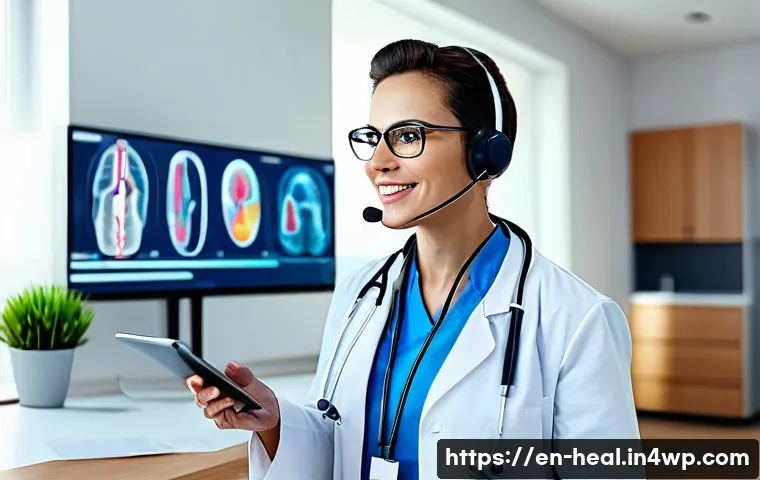 전세계 디지털 헬스케어 정책 비교 - A modern telemedicine consultation scene showing a diverse healthcare provider in professional attir...