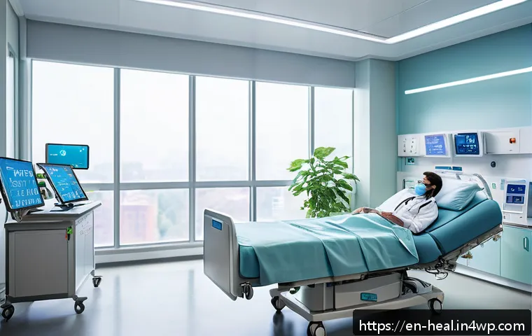 미래를 위한 의료 인프라 구축 방안 - A futuristic hospital room featuring advanced AI integration: smart monitoring systems with digital ...