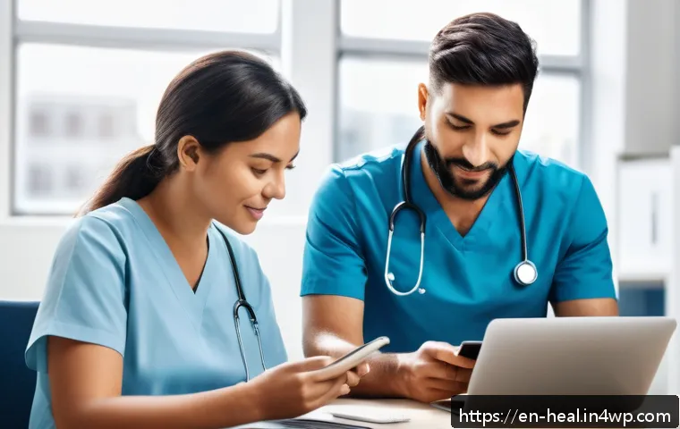 디지털 치료제의 시장 전망 - A modern digital health setting showing a diverse group of adult patients using smartphones and tabl...