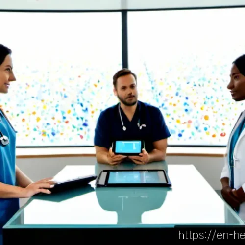 Home 17 디지털 헬스의 혁신을 위한 전략 - Photorealistic modern hospital innovation hub, diverse multidisciplinary healthcare team gathered ar...