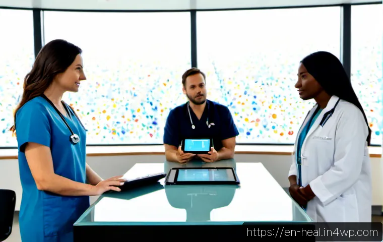 디지털 헬스의 혁신을 위한 전략 - Photorealistic modern hospital innovation hub, diverse multidisciplinary healthcare team gathered ar...