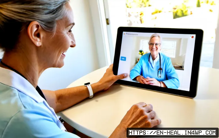 Home 17 디지털 헬스케어의 혁신적인 사례 - Photorealistic modern telehealth consultation in a bright American home, a senior woman seated comfo...