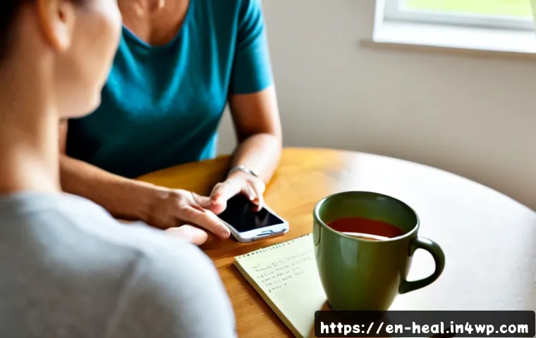 Home 17 정신 건강 관리의 디지털 전환 - Photorealistic home wellness scene, a middle-aged woman seated comfortably at a tidy kitchen table u...