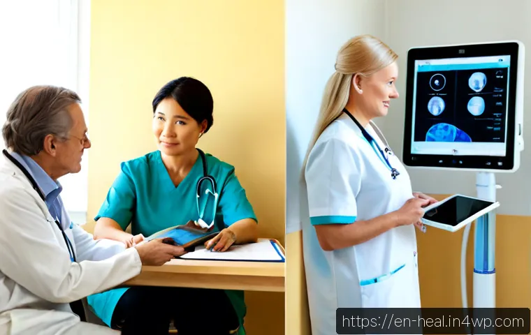 미래 의료 시스템의 글로벌 비교 - Photorealistic split-scene comparison of future healthcare systems: on the left, a modern urban hosp...
